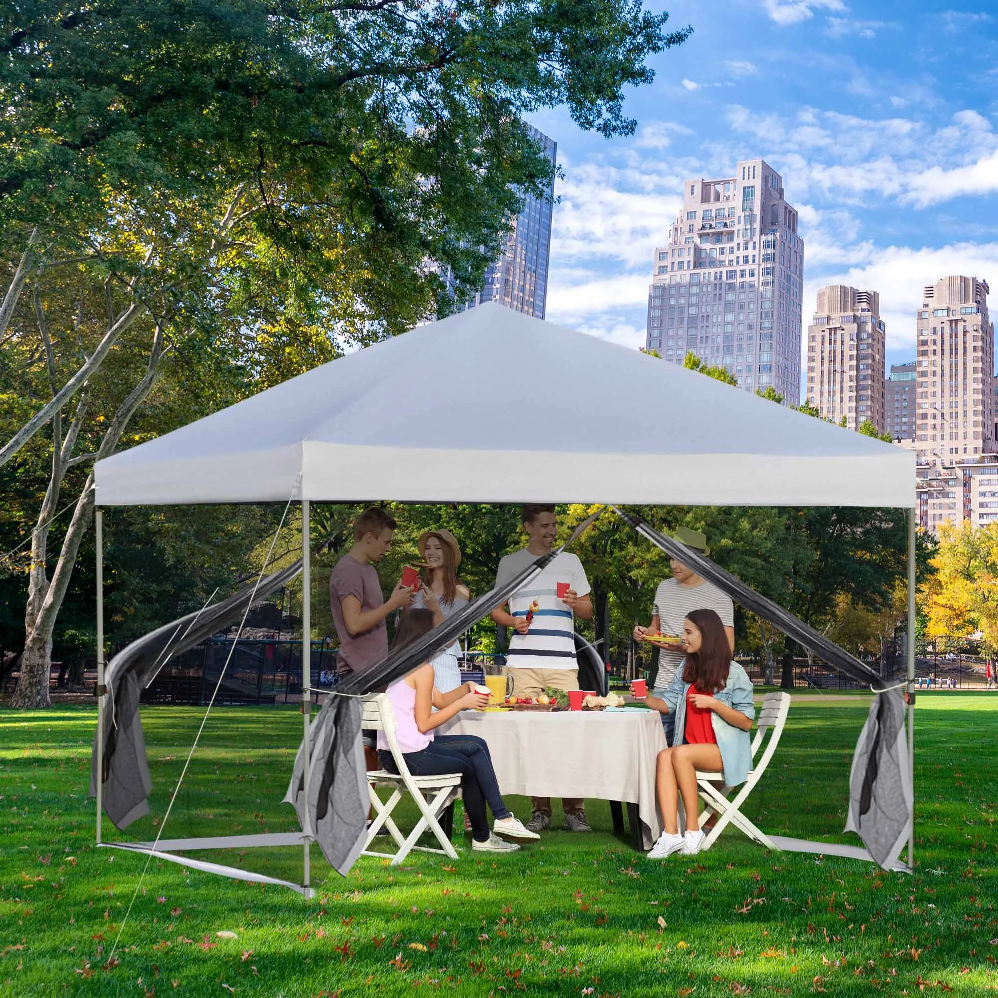 10x10 ft Height Adjustable Pop Up Canopy Tent with Mesh Sidewalls - Silver