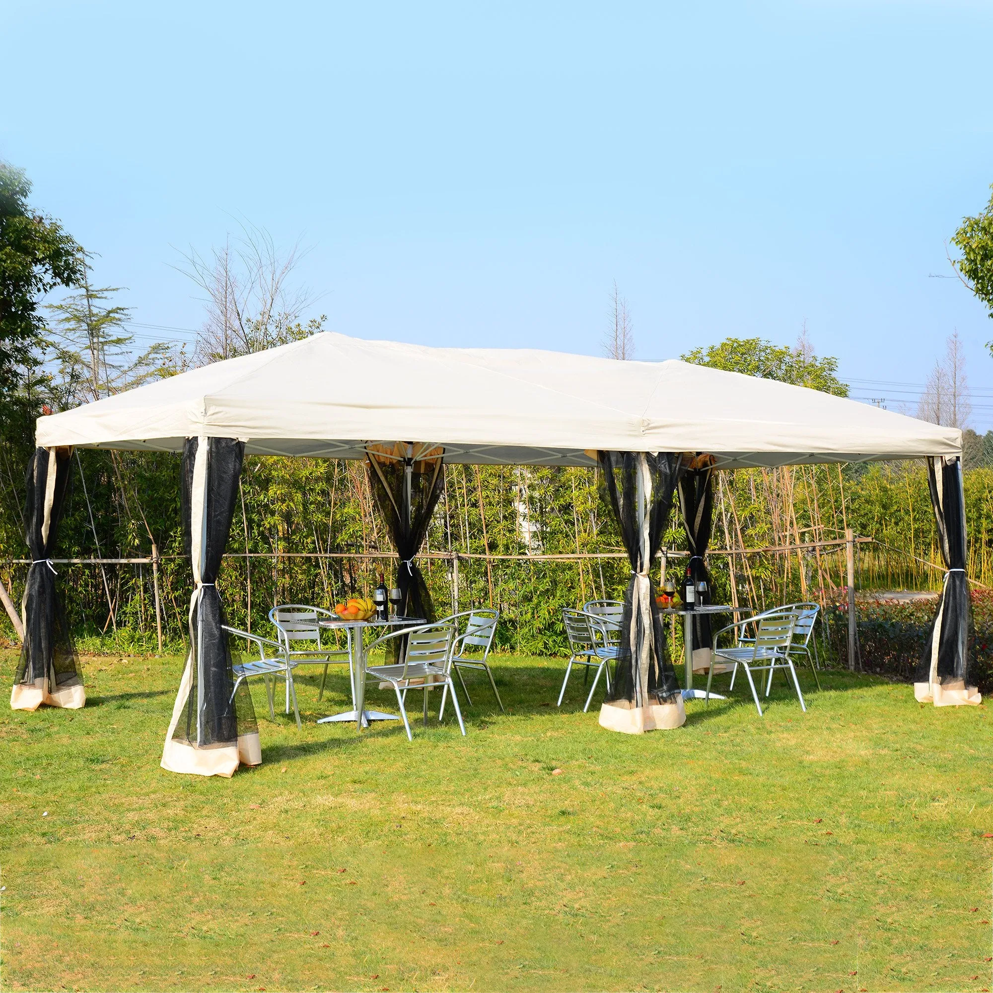 10x20 ft Easy Folding Pop Up Tent with Mesh Sidewalls - Beige