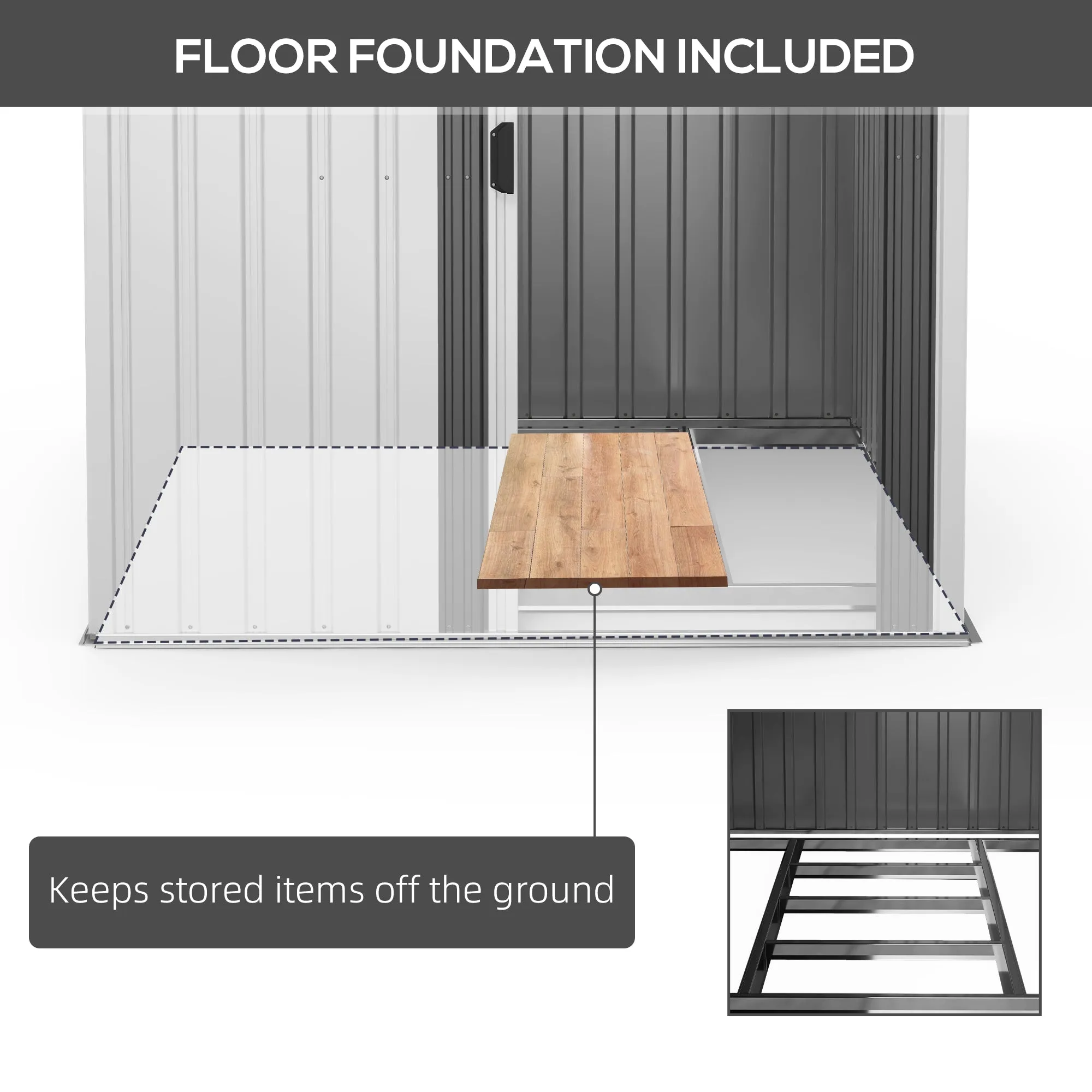 5 x 7FT Galvanised Metal Shed with Foundation, Lean to Tool Garden Shed with Sliding Doors and 2 Vents, White