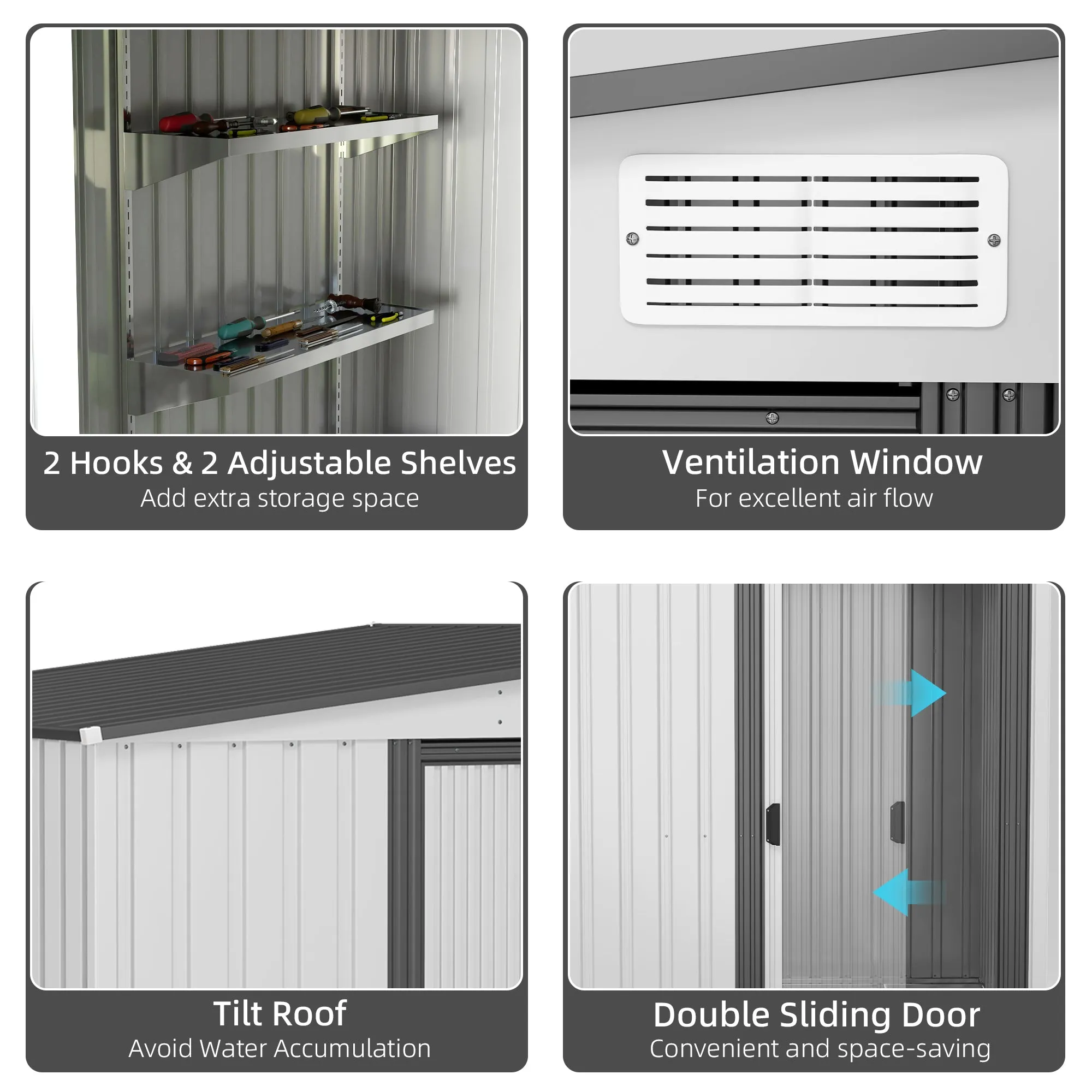 5 x 7FT Galvanised Metal Shed with Foundation, Lean to Tool Garden Shed with Sliding Doors and 2 Vents, White