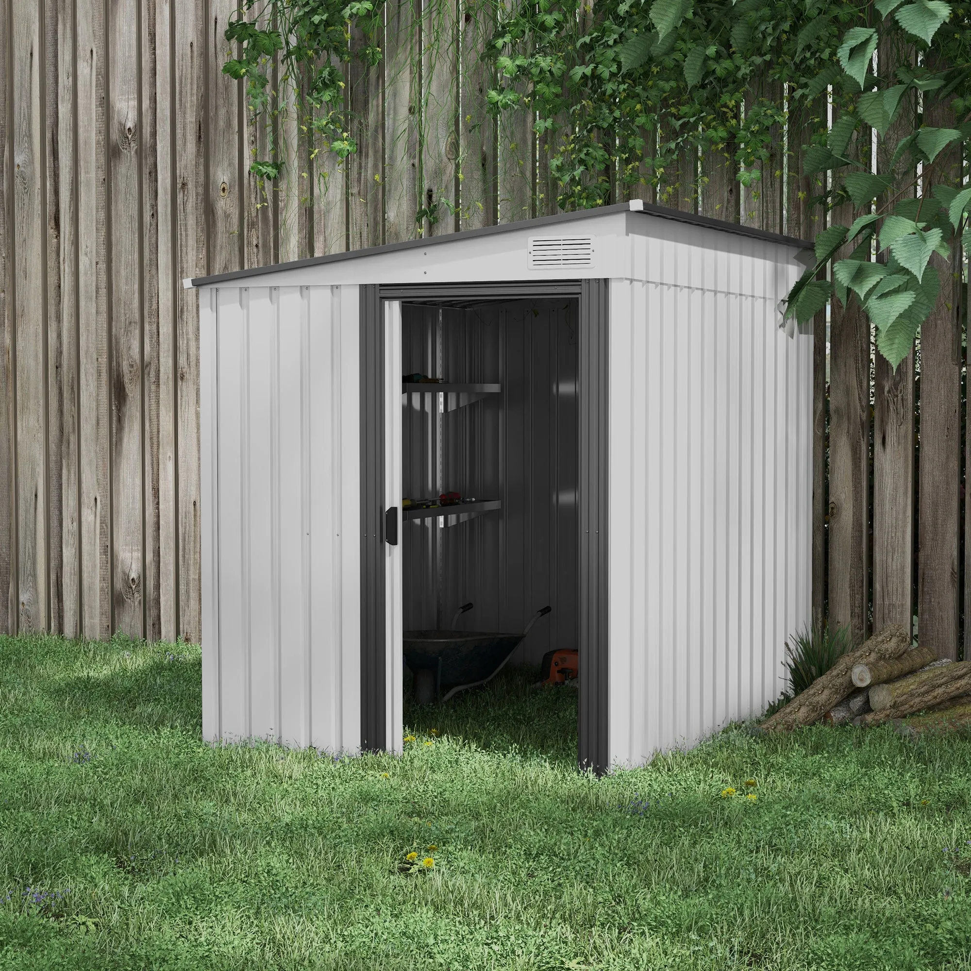 5 x 7FT Galvanised Metal Shed with Foundation, Lean to Tool Garden Shed with Sliding Doors and 2 Vents, White