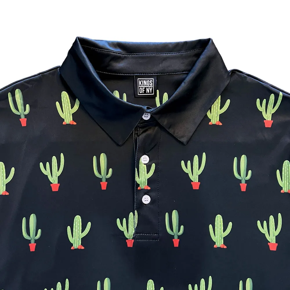 Black Saguaro Cactus Print Mens Golf Polo Shirt