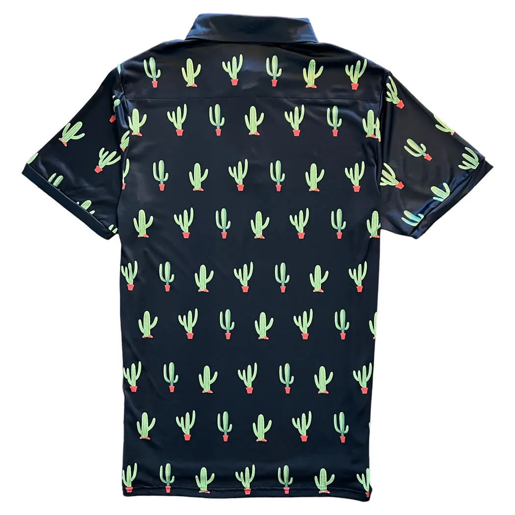 Black Saguaro Cactus Print Mens Golf Polo Shirt