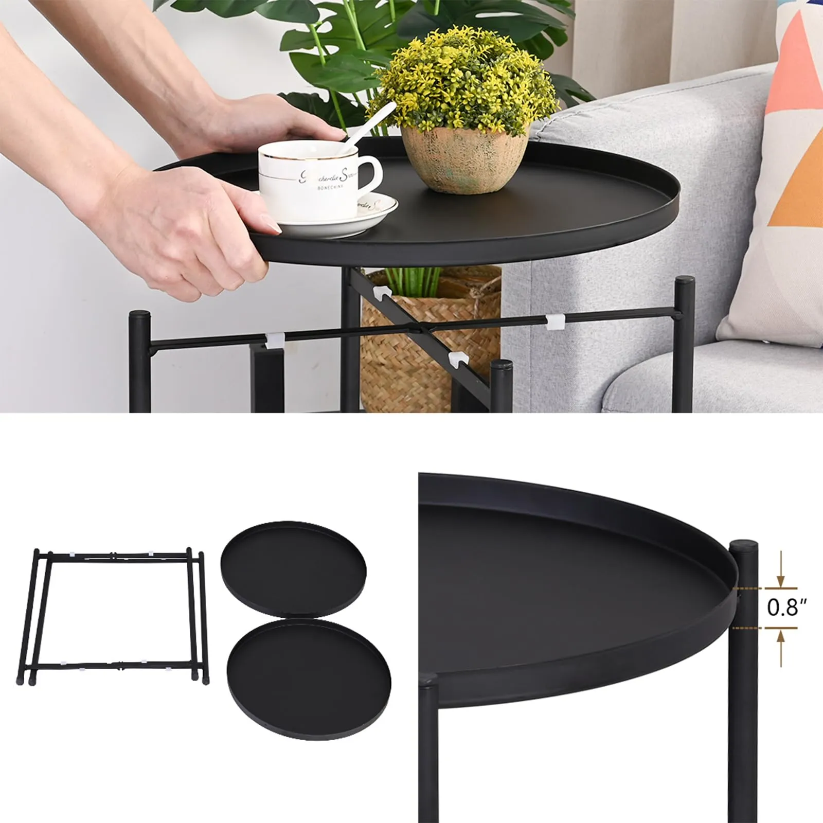 H JINHUI Round Metal Side End Table with Double Tier,Accent Side Table,Coffee End Table Night Stand for Living Room and Bedroom,Anti-Rust and Waterproof (Black)