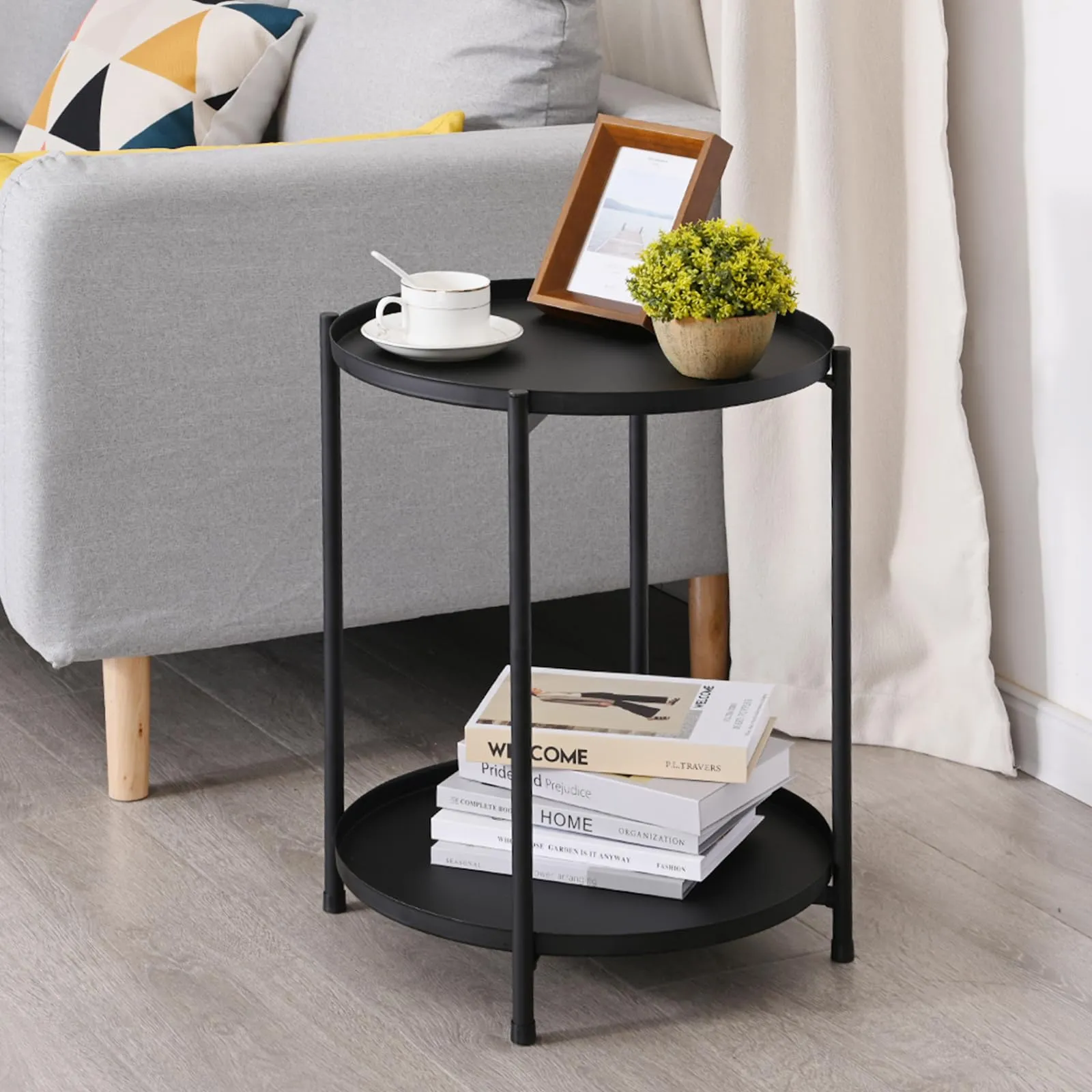 H JINHUI Round Metal Side End Table with Double Tier,Accent Side Table,Coffee End Table Night Stand for Living Room and Bedroom,Anti-Rust and Waterproof (Black)