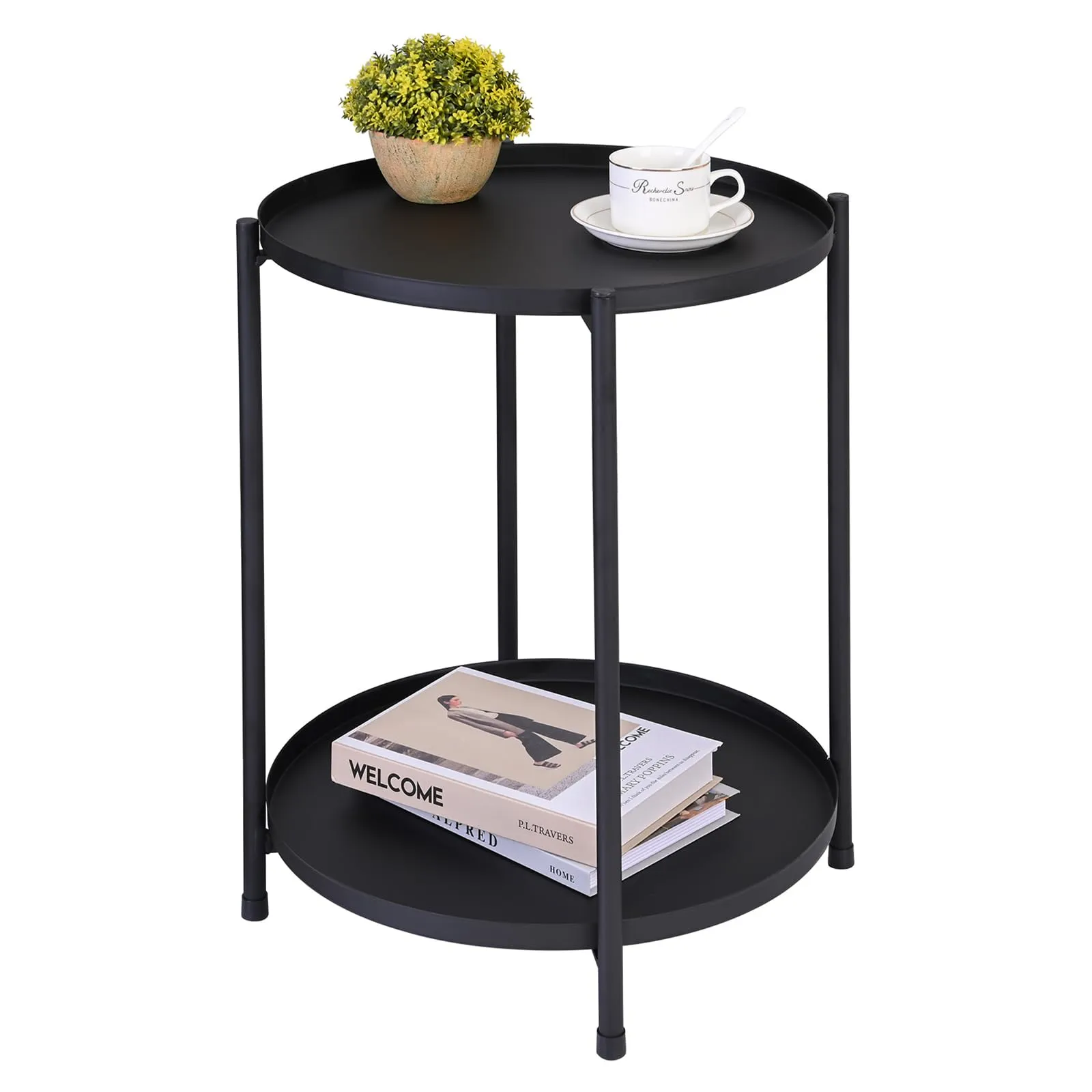 H JINHUI Round Metal Side End Table with Double Tier,Accent Side Table,Coffee End Table Night Stand for Living Room and Bedroom,Anti-Rust and Waterproof (Black)