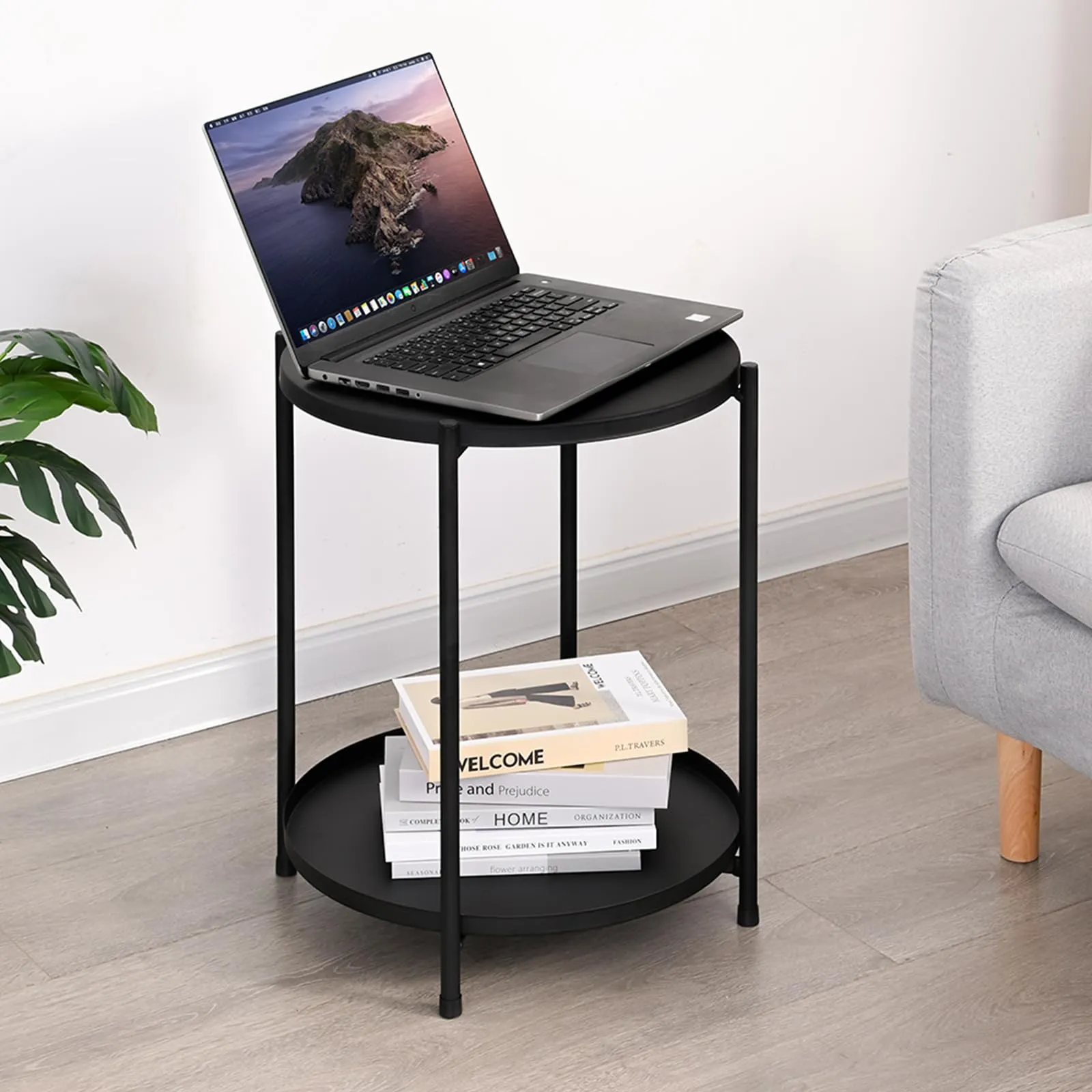 H JINHUI Round Metal Side End Table with Double Tier,Accent Side Table,Coffee End Table Night Stand for Living Room and Bedroom,Anti-Rust and Waterproof (Black)