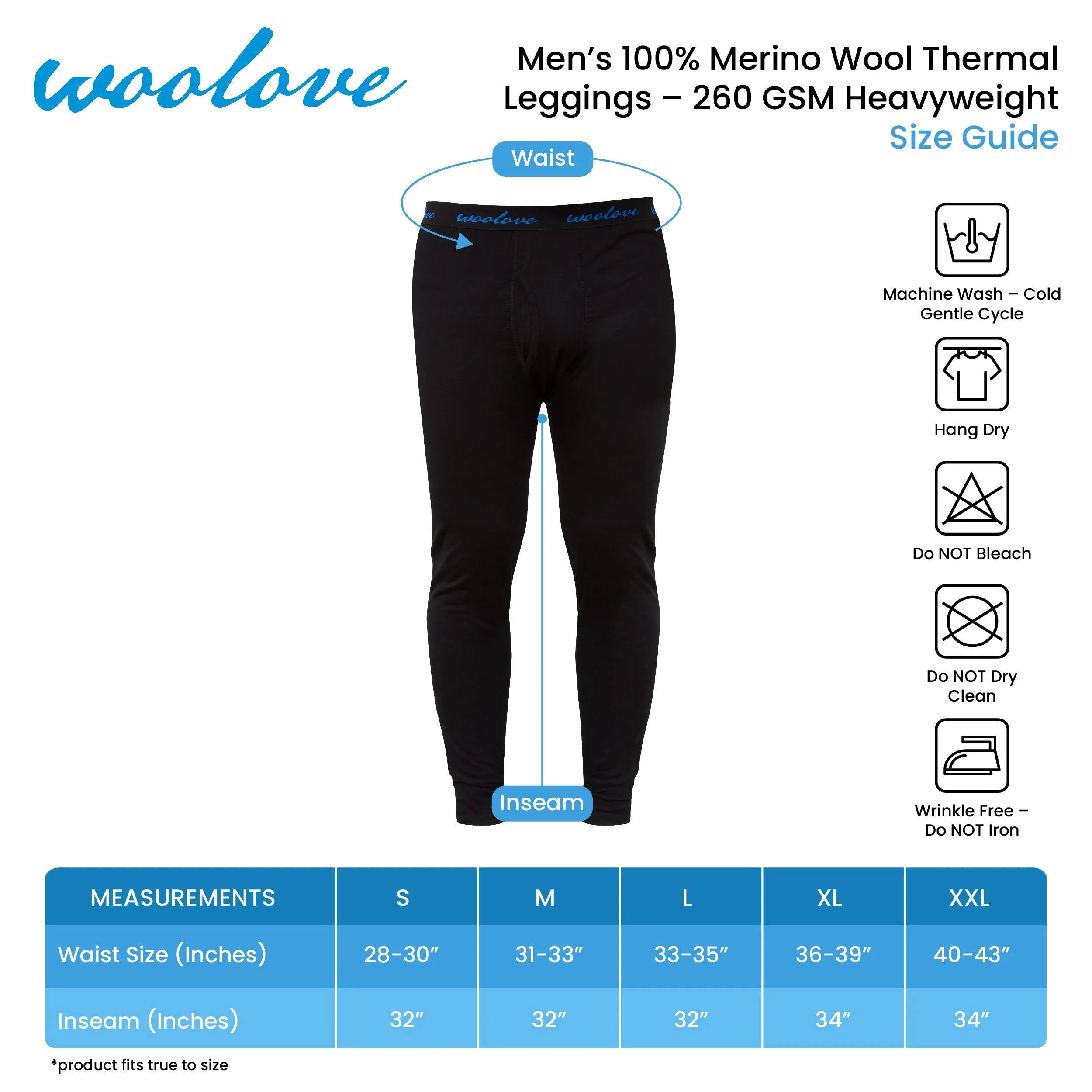 Men's 100% Merino Wool Long Underwear Base Layer Leggings 260 GSM - Heavyweight