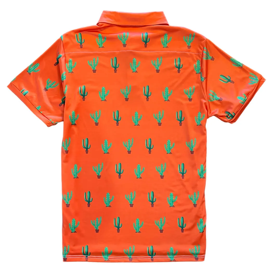 Orange Saguaro Cactus Print Mens Golf Polo Shirt