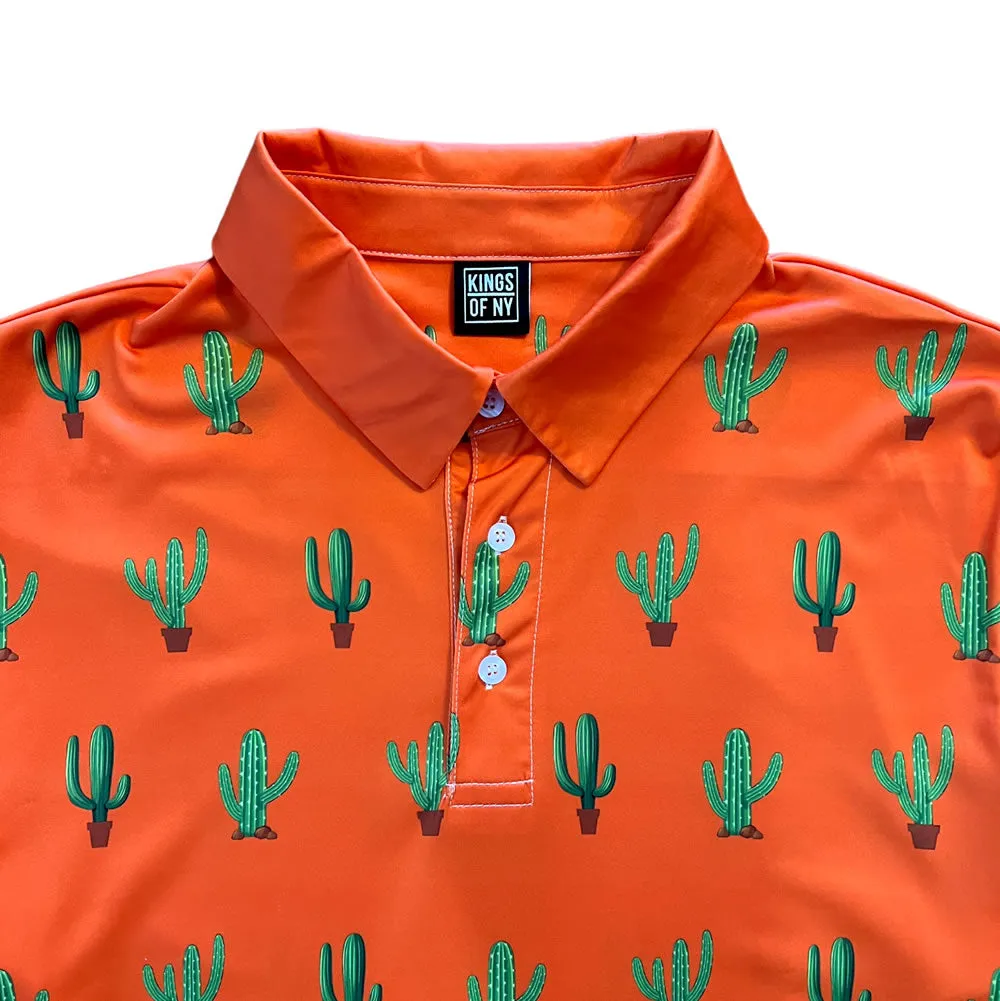 Orange Saguaro Cactus Print Mens Golf Polo Shirt