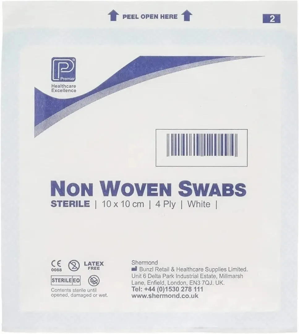 Premier 1870A 4 Ply Sterile Absorbent Non Woven Swab, 10cm x 10cm Pack of 40 (5 Swabs/Pack)