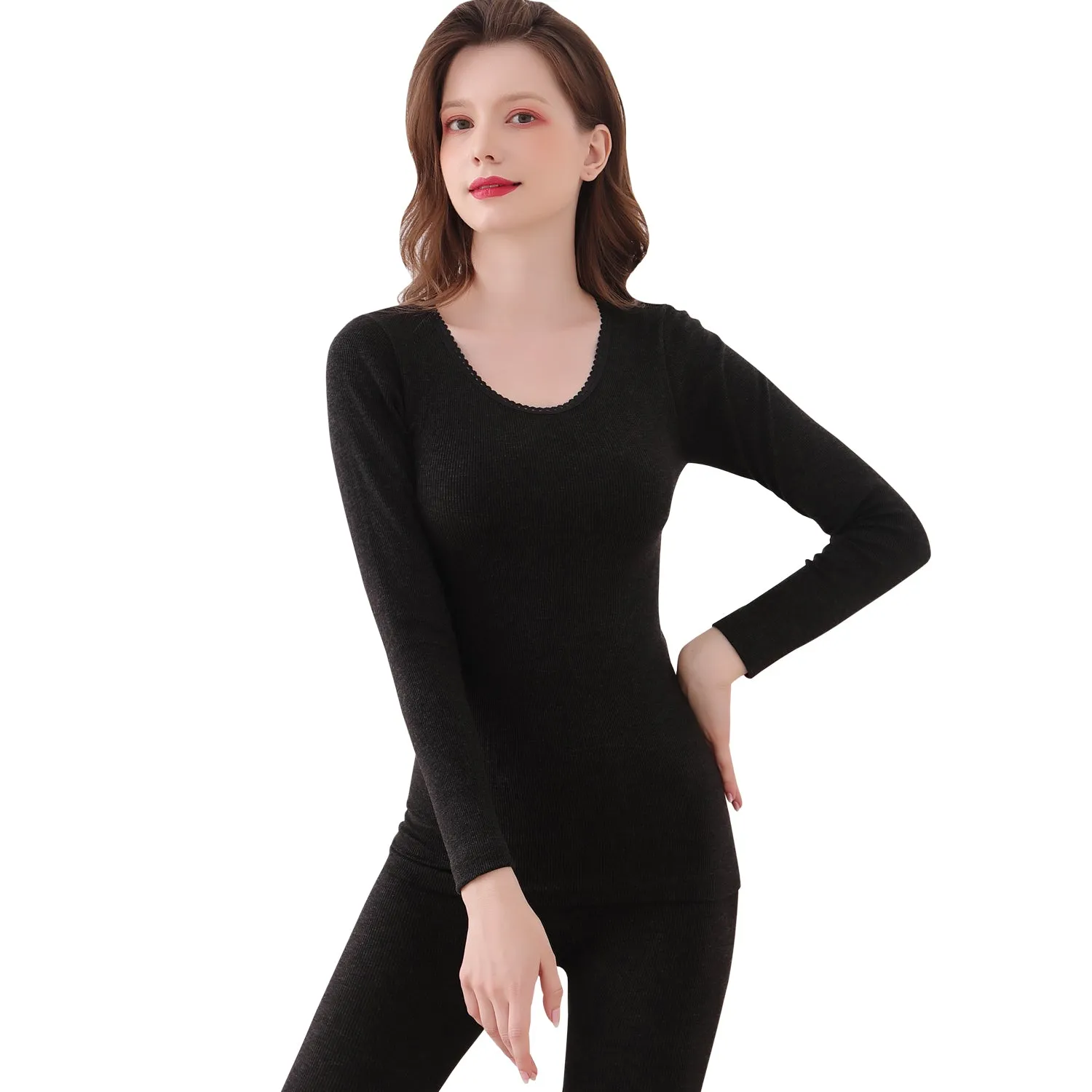 Thermal Underwear Set for Women Wool Antibacterial Warm Underwear Long Johns Suit Soft Comfortable Long Sleeve Base Layer Thermal Top and Bottoms