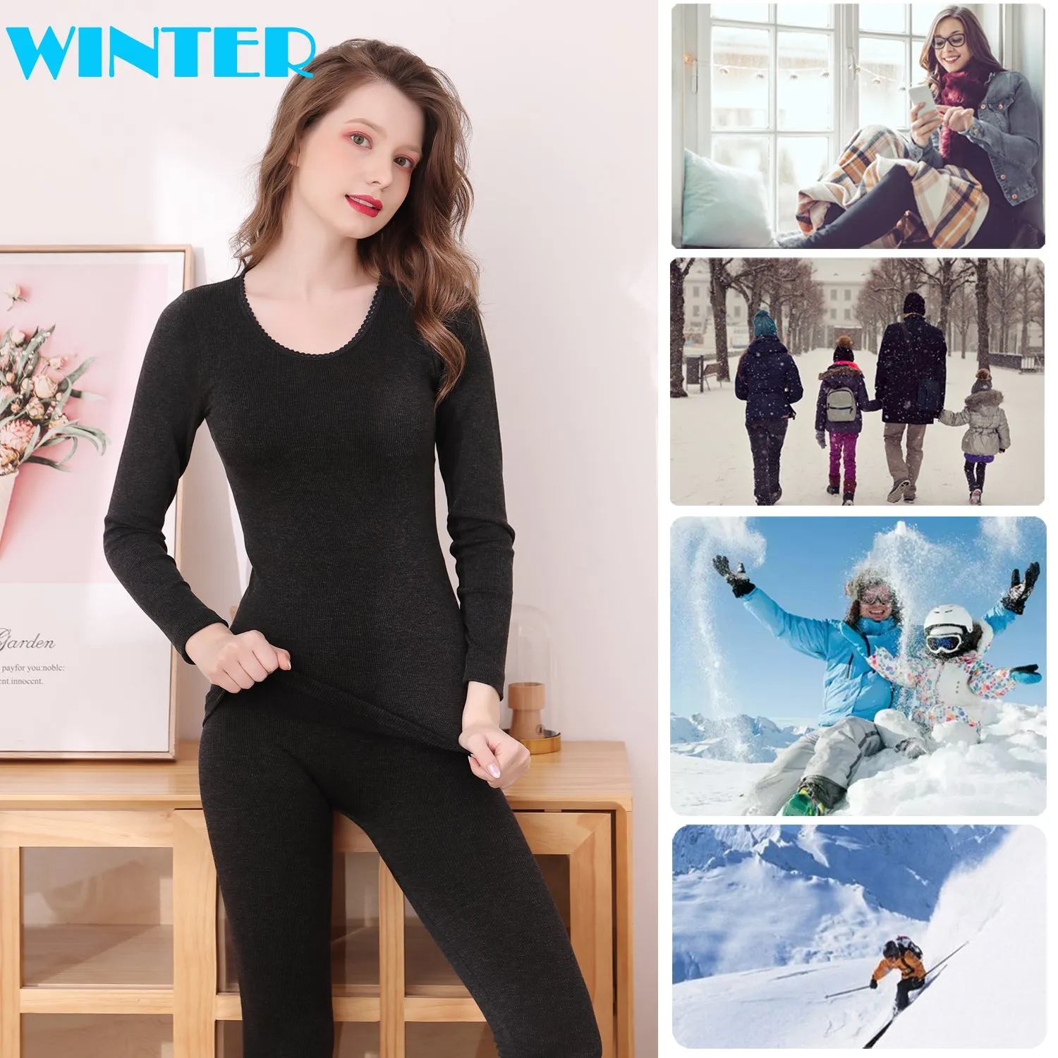 Thermal Underwear Set for Women Wool Antibacterial Warm Underwear Long Johns Suit Soft Comfortable Long Sleeve Base Layer Thermal Top and Bottoms